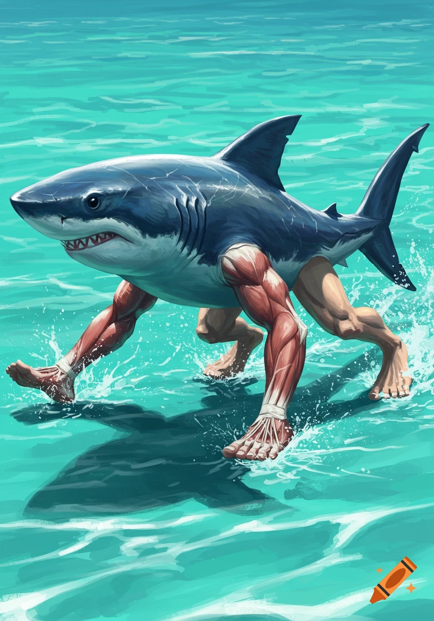 A shark with muscular human legs running through shallow water.
