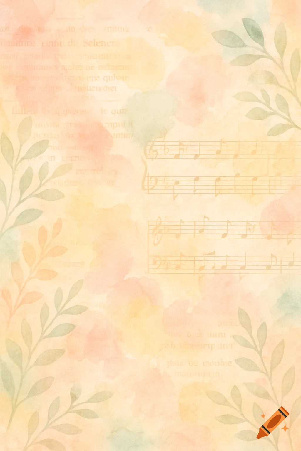 Watercolor background with pastel tones, vintage text, music notes, and foliage.