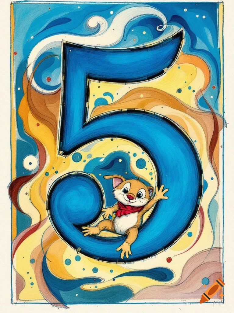 A blue number 5 with a cartoon cat inside, surrounded by colorful swirls in an illustration style.