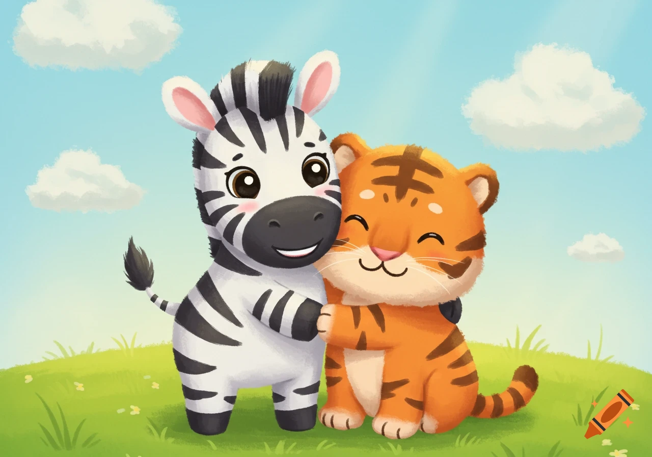 Cute cartoon zebra and tiger hugging in a sunny field.