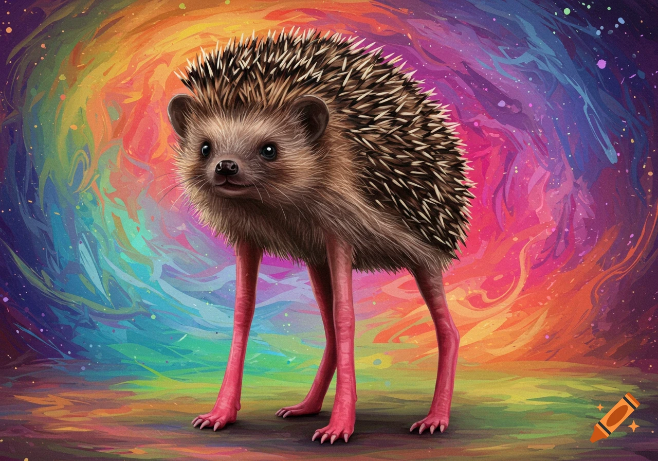 A hedgehog with long pink legs stands against a colorful, swirling background.