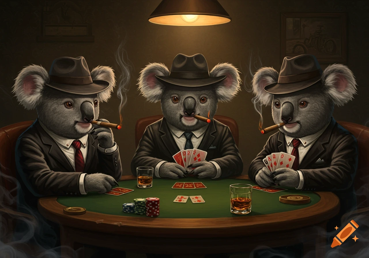Three koalas in suits playing poker, smoking cigars, and drinking whiskey.
