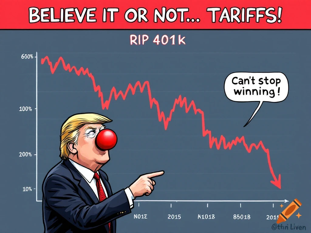 Cartoon of Trump with a clown nose pointing at a sharply declining stock market graph, with text 'Believe It or Not... Tariffs!' and 'Can't stop winning!'