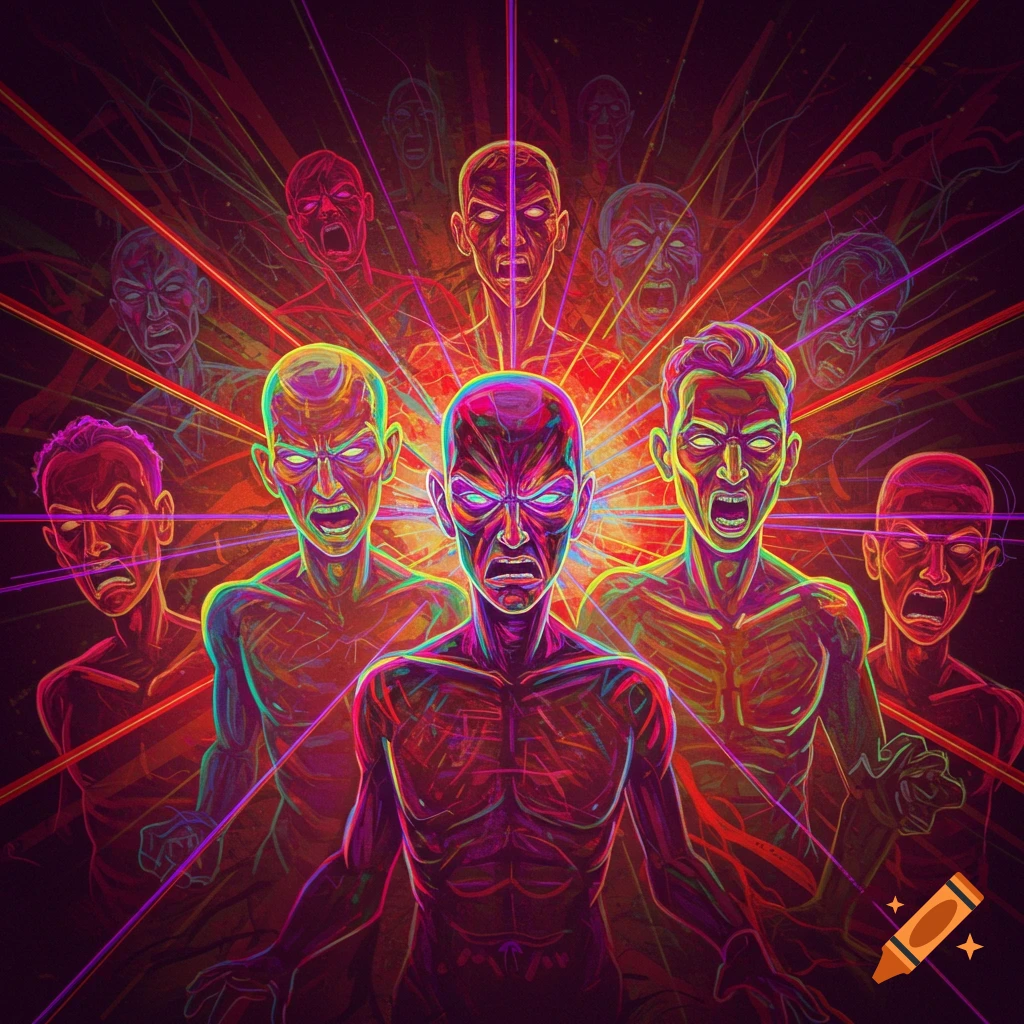 Angry figures made of colorful radiating lines.