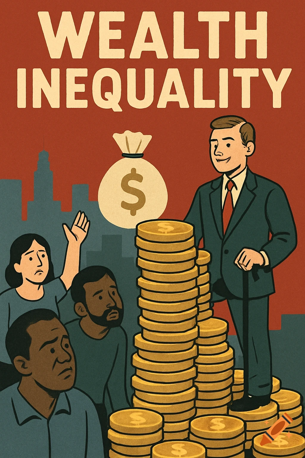 Illustration shows wealth inequality with a rich man on coins and a poor group below, text reads 'WEALTH INEQUALITY'.