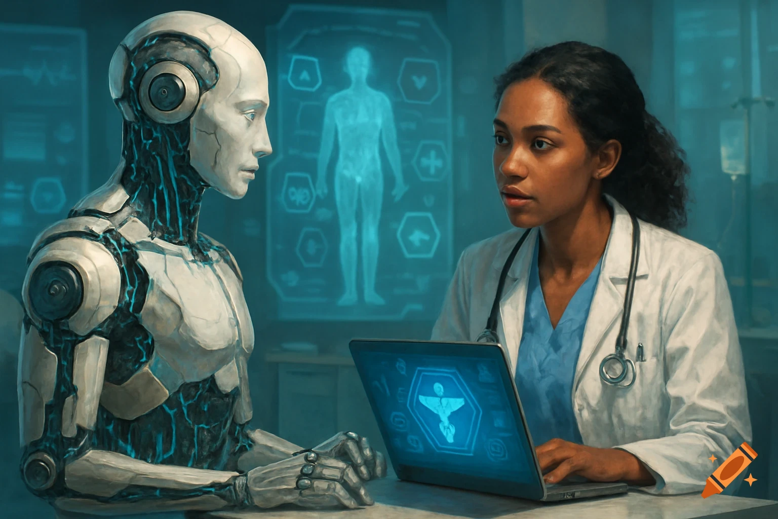 A robot and doctor looking at medical screens