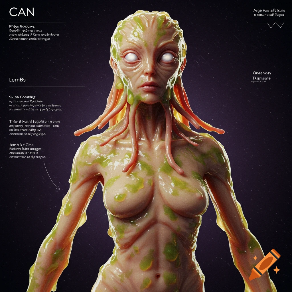 A detailed rendering of a humanoid alien creature covered in greenish slime with tentacles around its head, presented like a scientific diagram with illegible labels.