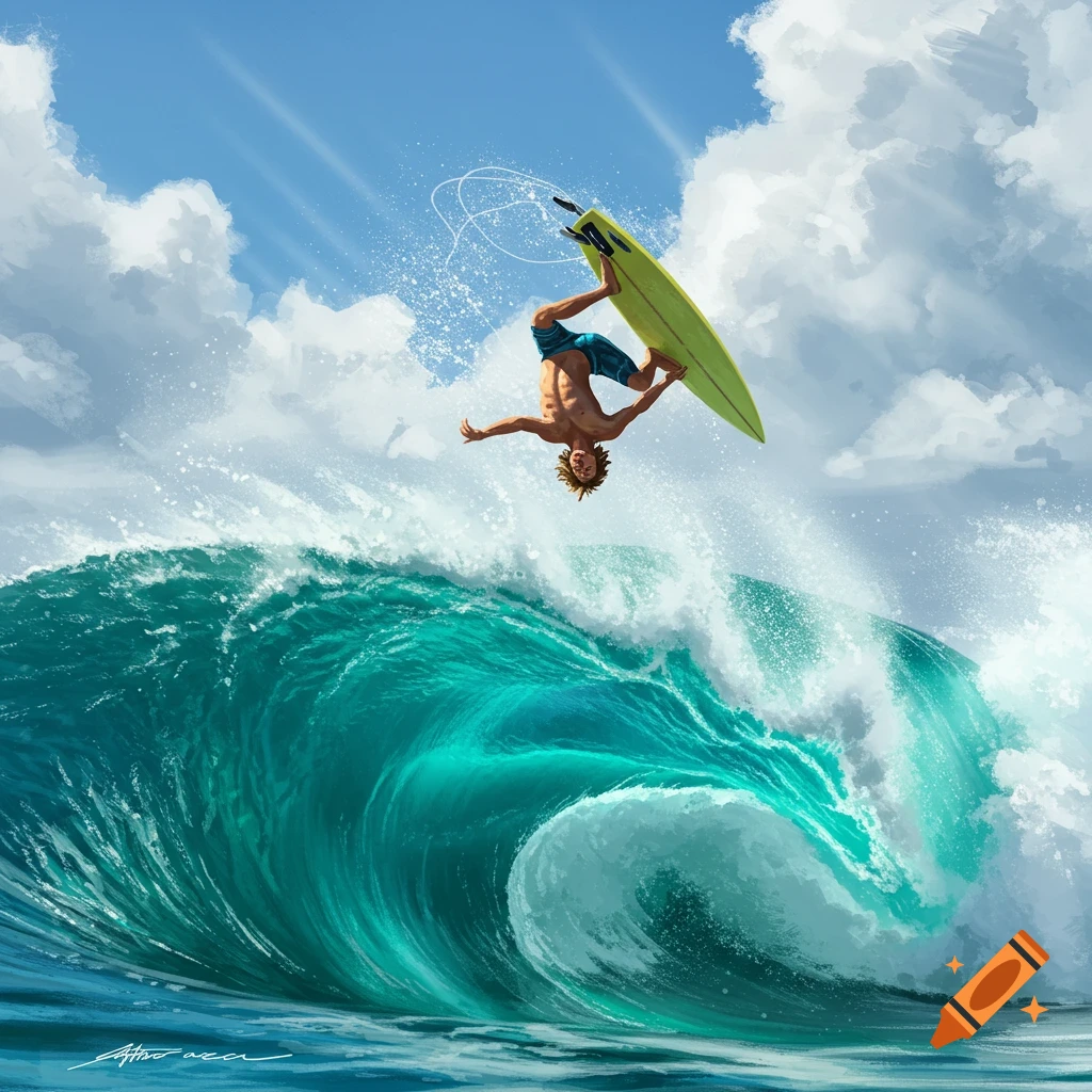 A surfer doing a backflip above a large ocean wave.