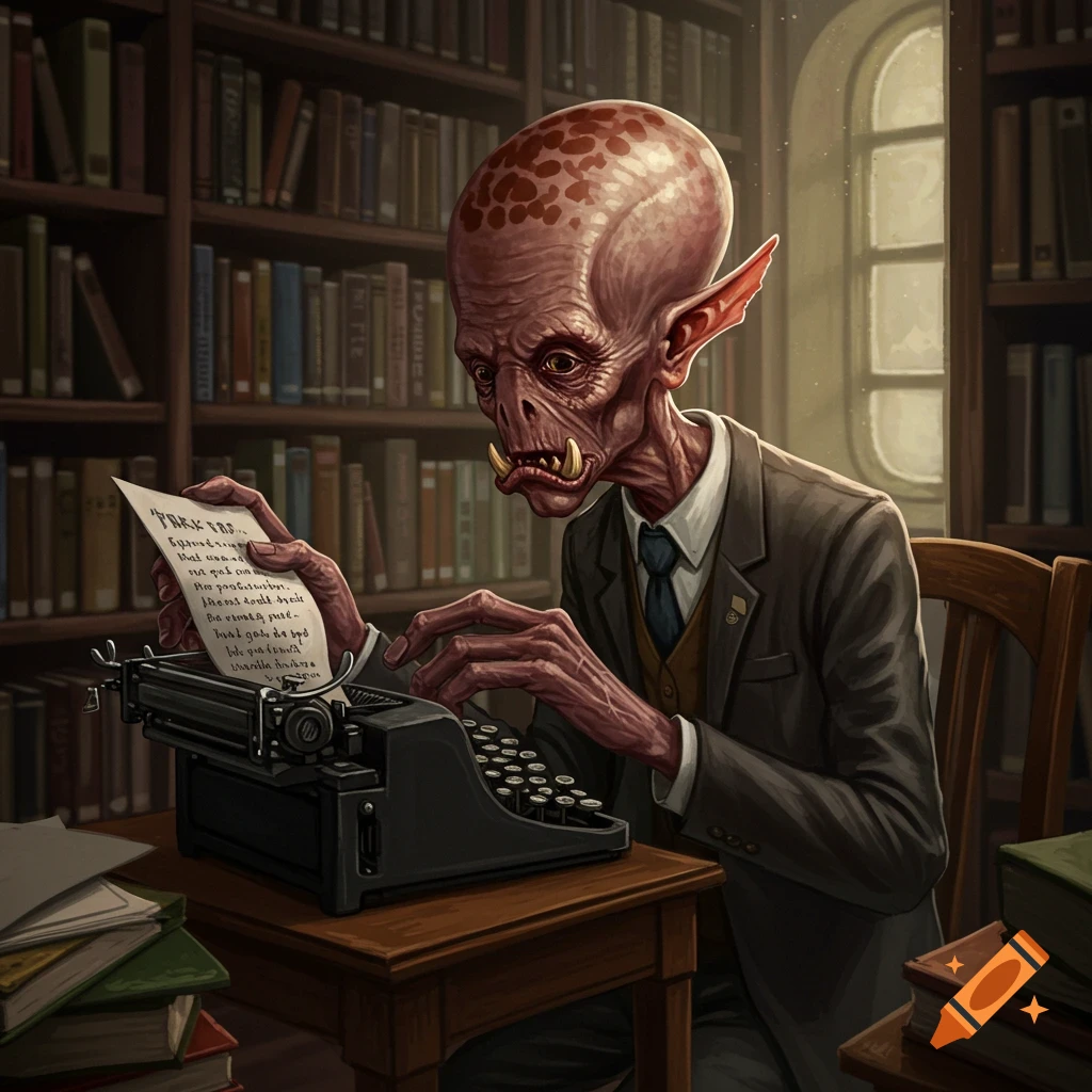 An alien creature with large ears and tusks is typing on a typewriter in a library.