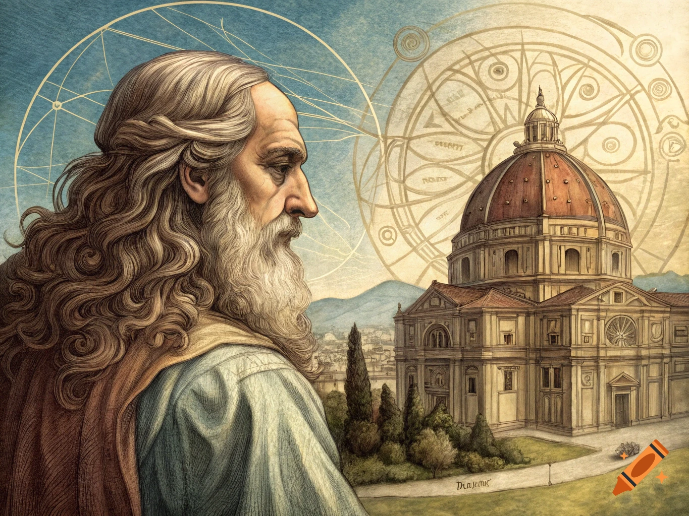 Drawing of an old man's profile looking at a large domed cathedral and complex diagrams.