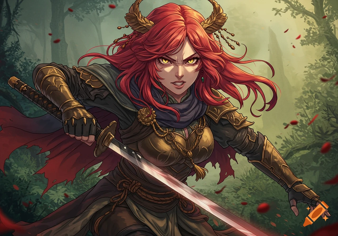 Animated style illustration of a woman with red hair, golden horns, and armor wielding a sword in a forest.