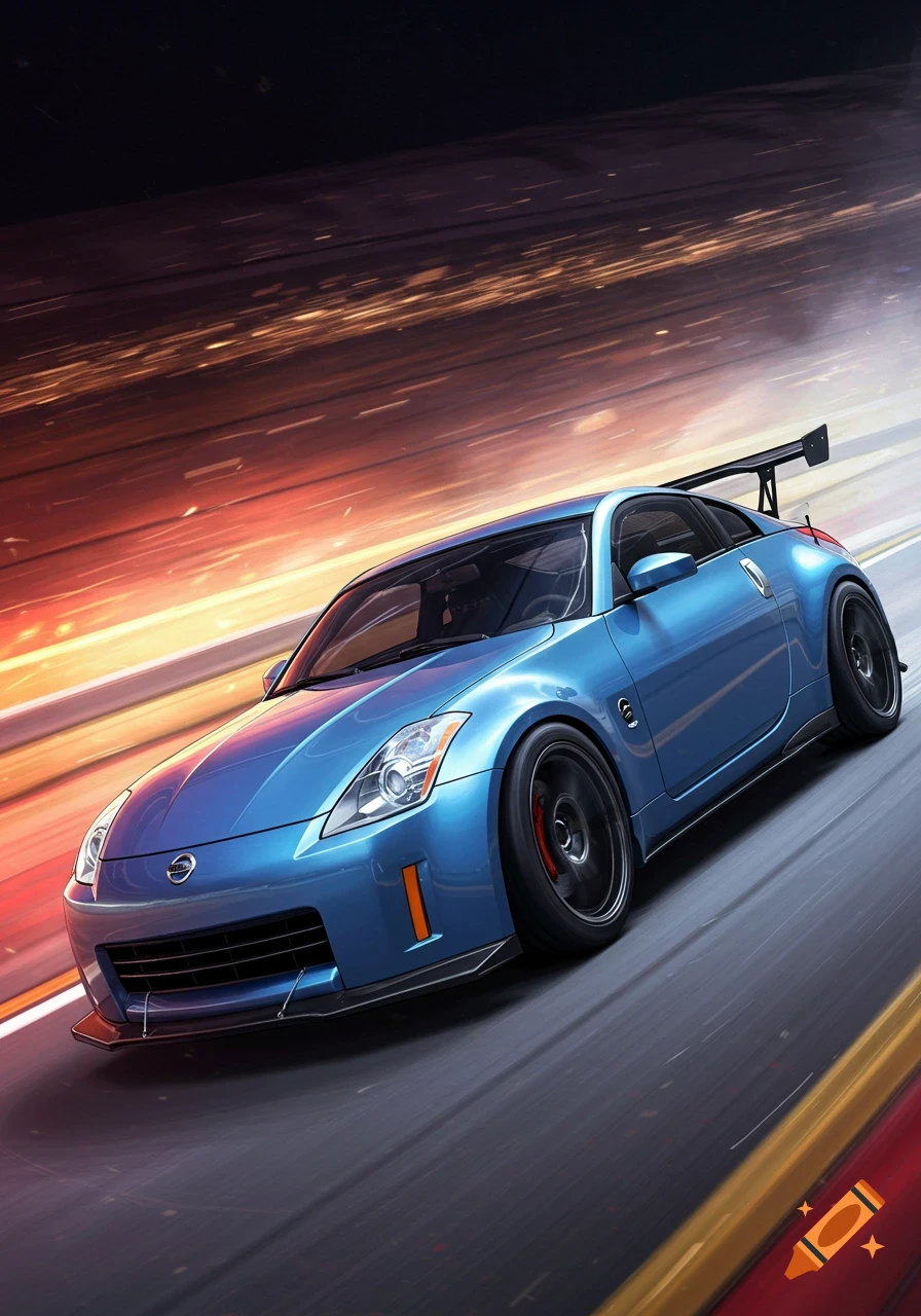 A blue Nissan 350Z sports car speeds down a road with motion blur.