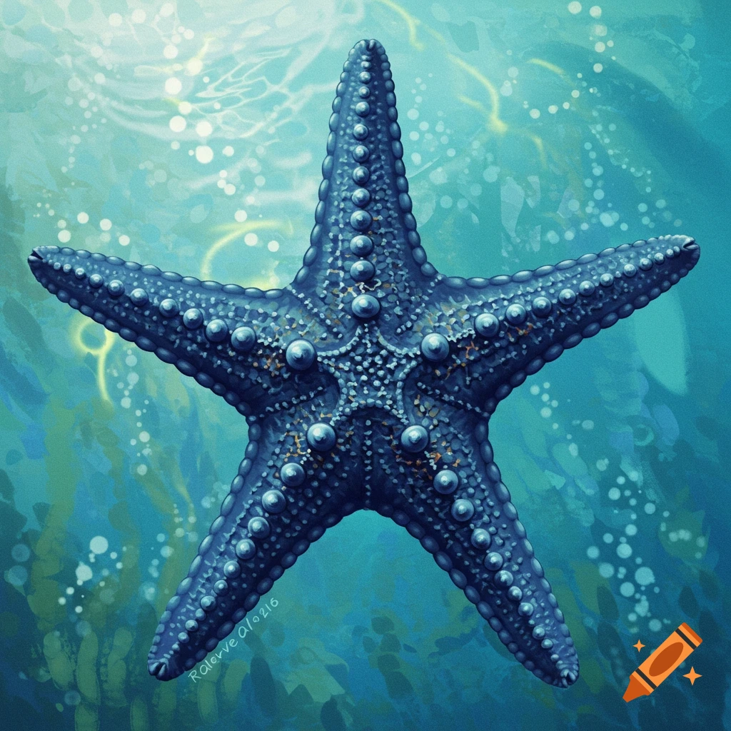 A blue starfish with detailed texture rests on the seabed in a blue underwater scene.