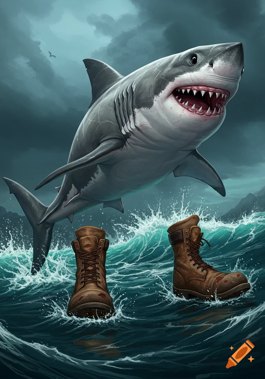 A shark jumps from the ocean near two floating boots on stormy waves.