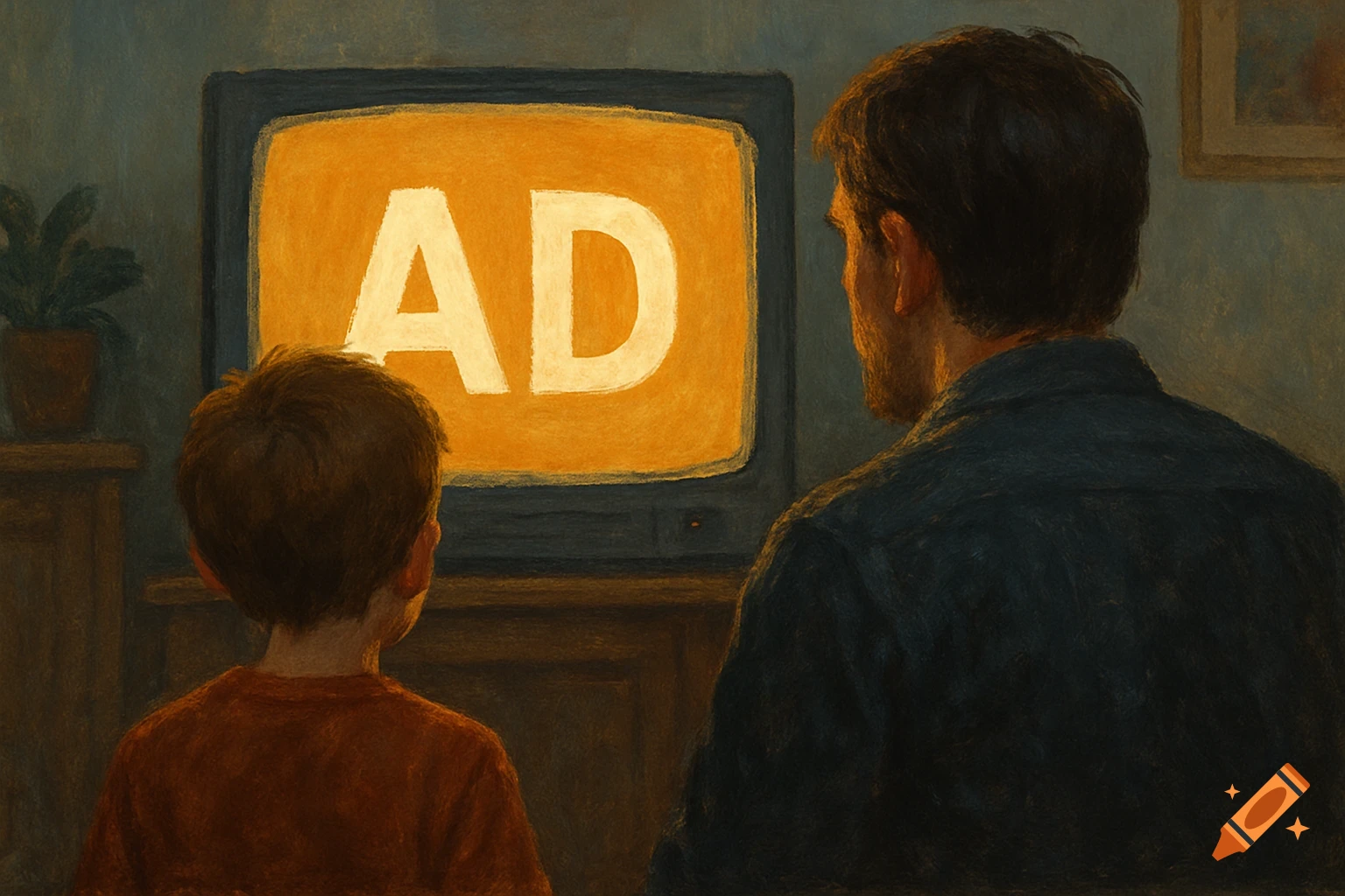 Child and adult watching TV screen displaying 'AD'.