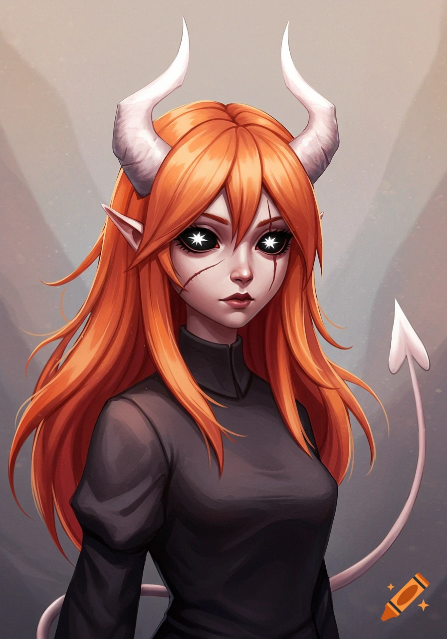 Portrait of a fantasy girl with orange hair, white horns, black eyes with star pupils, and a tail.