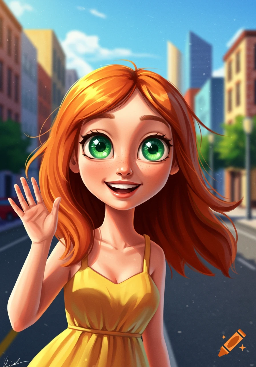 A cartoon redhead woman with green eyes smiles and waves on a city street.