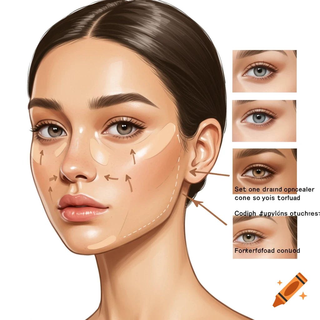 Image showing makeup concealer application points on a face with eye color examples.