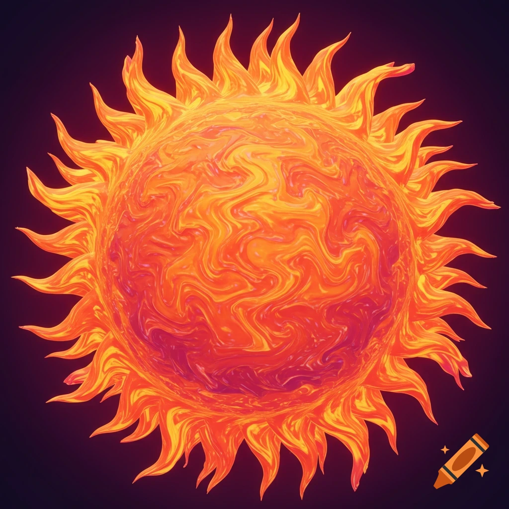 Stylized fiery orange sun with wavy texture and sharp rays.