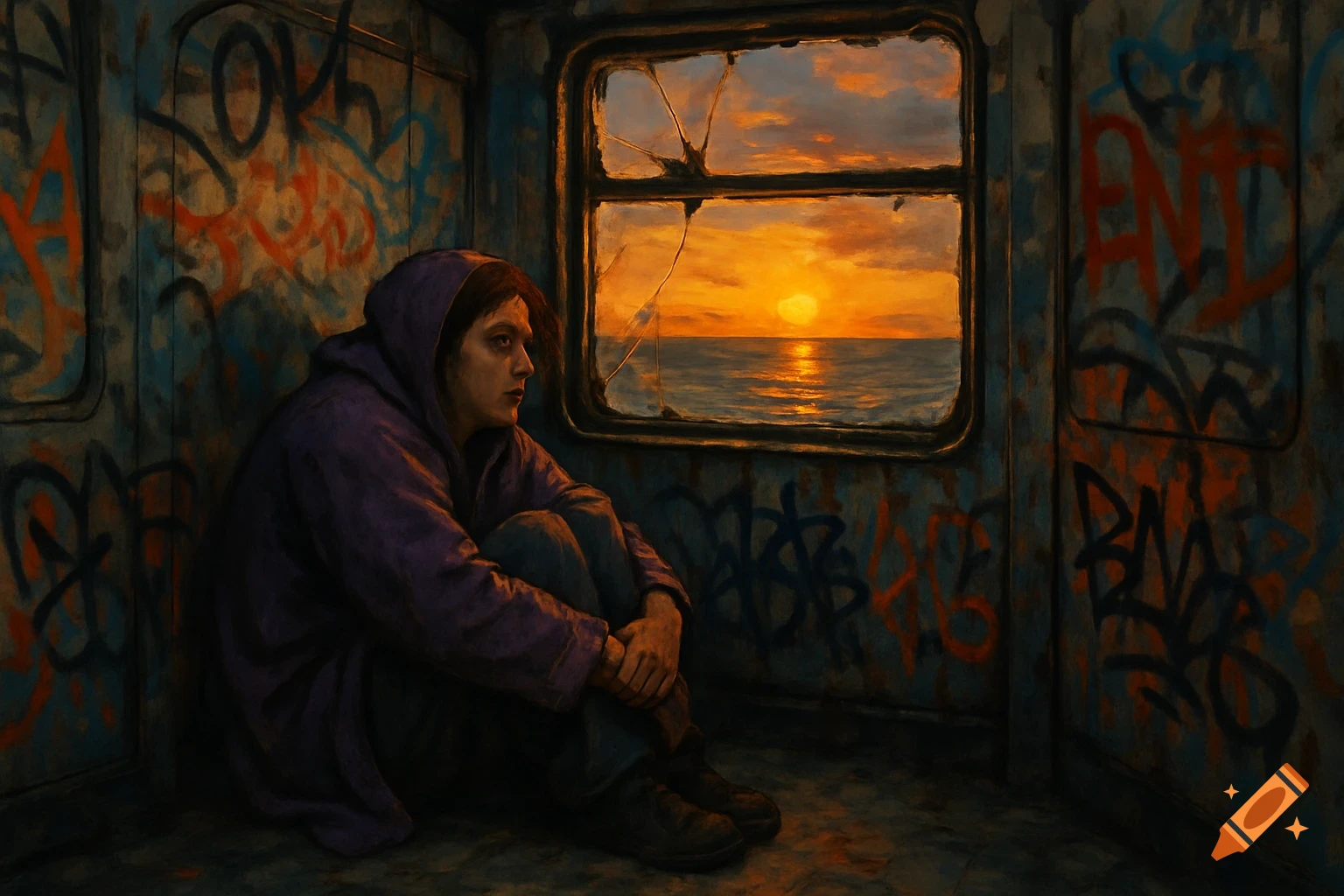 A person inside a graffiti-covered train car gazes out through a shattered window at a sunset casting warm hues over the ocean.