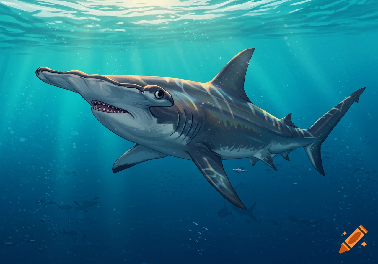 A hammerhead shark swimming underwater.