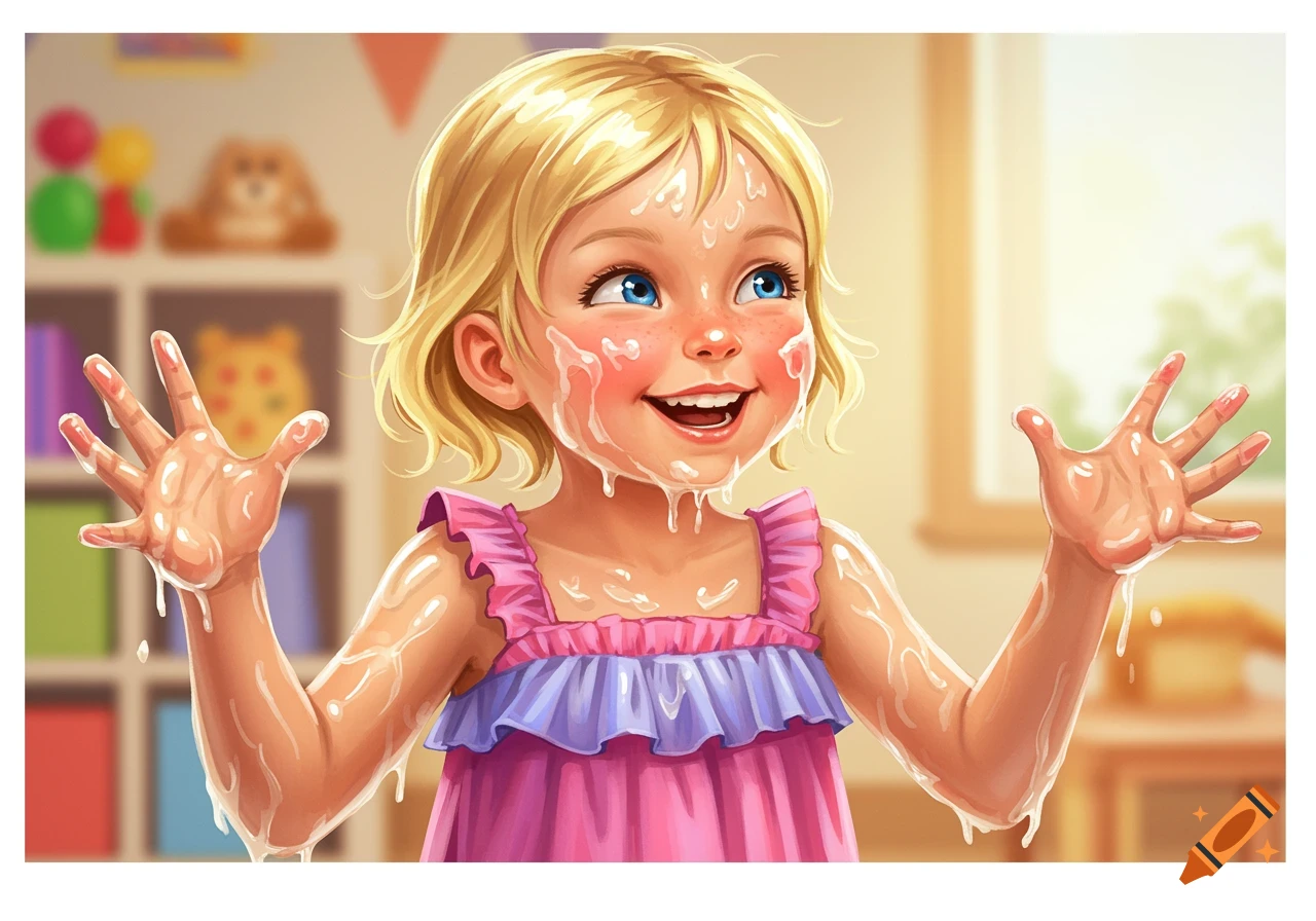 A happy young girl, covered in a sticky substance, has her hands raised in a playroom.