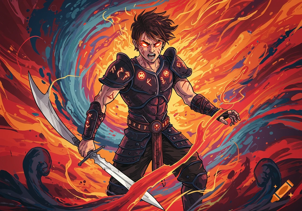A cartoon style depiction of a warrior in ornate armor holding a sword against a swirling background of fire and energy.