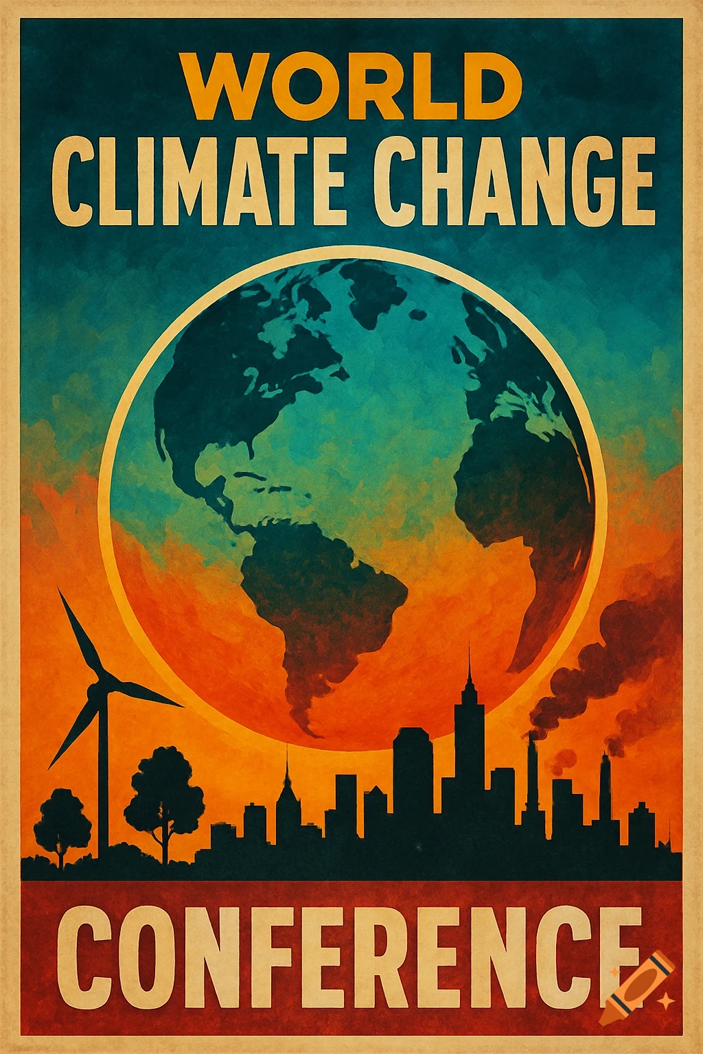 Vintage poster for a world climate change conference showing the Earth, city skyline, wind turbine, and trees.