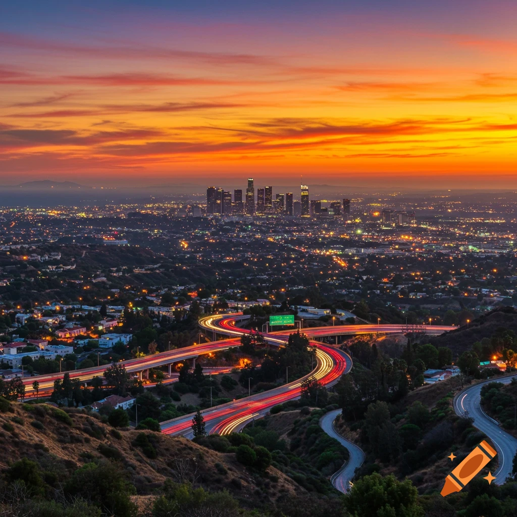 A view of a city skyline at sunset with highway light trails.