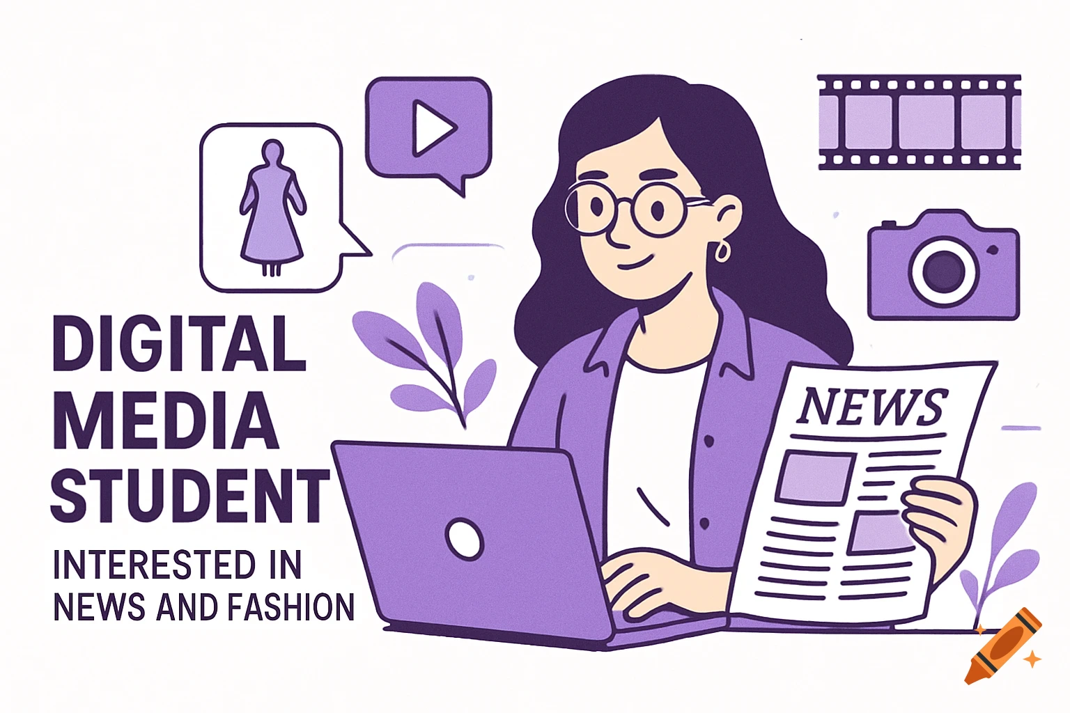 Stylized illustration of a person with laptop and newspaper, surrounded by media icons.