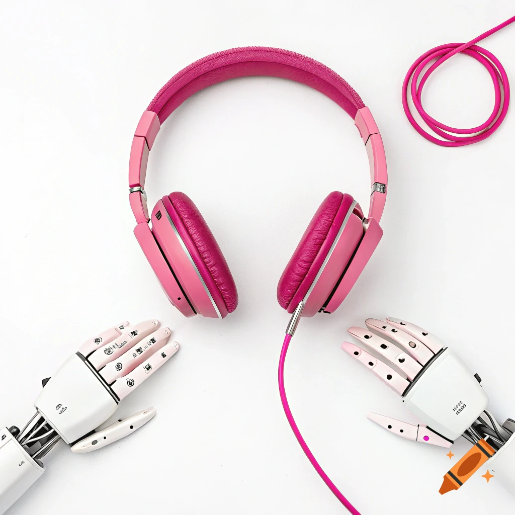 A pair of pink headphones with a coiled cord next to two white and pink robotic hands on a white background.