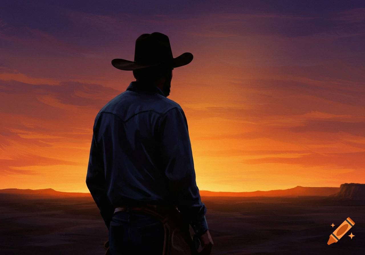 A cowboy silhouette watching a sunset over a landscape