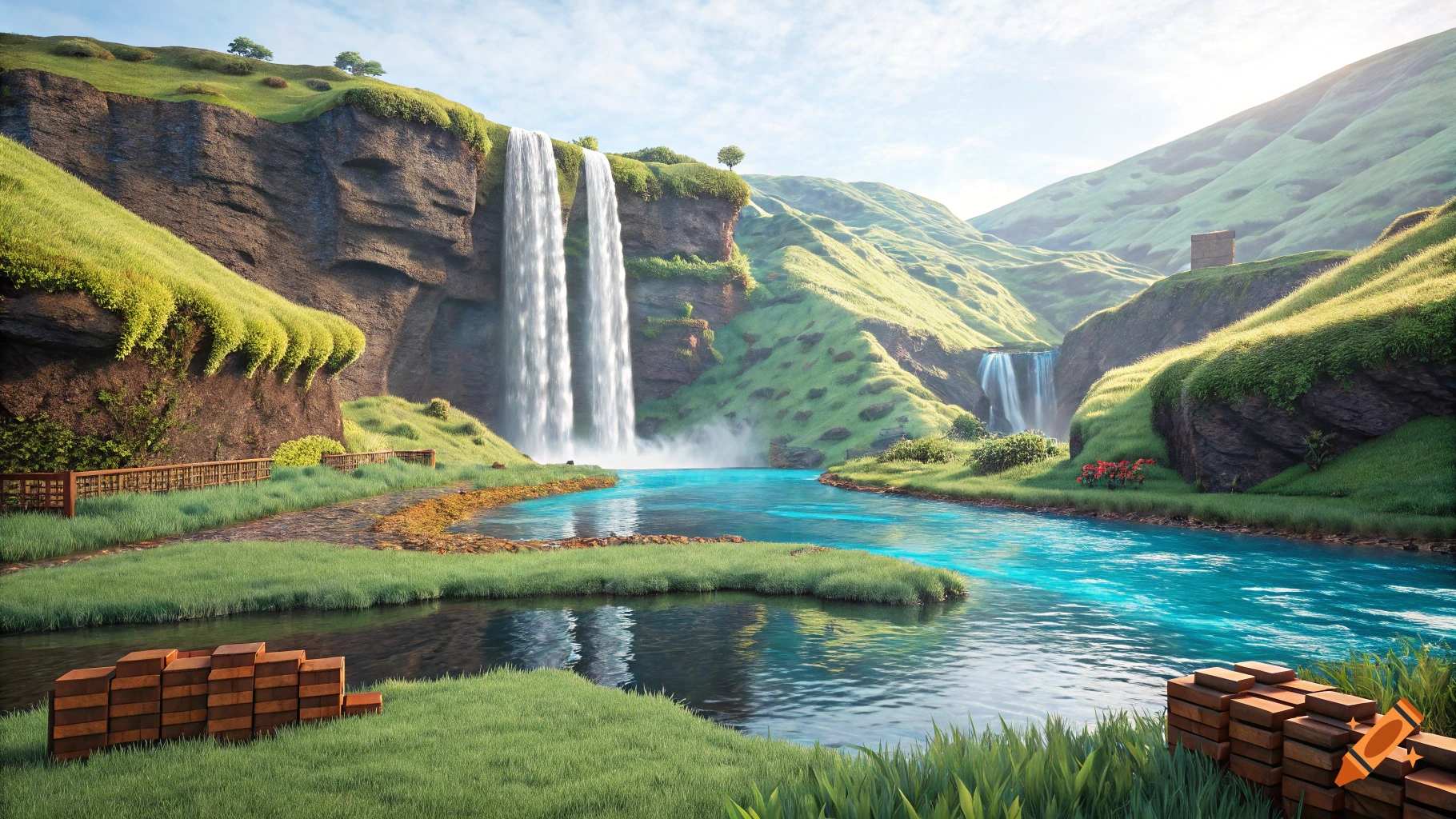 Lush green hills surround a clear turquoise river with tall waterfalls flowing into it. A path with a wooden fence runs along the riverbank, and stacks of brown blocks sit in the grass.