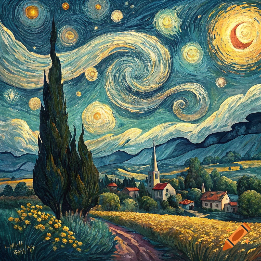 A landscape painting in the style of Van Gogh, featuring a cypress tree, village, fields, and a swirling starry night sky with a moon.