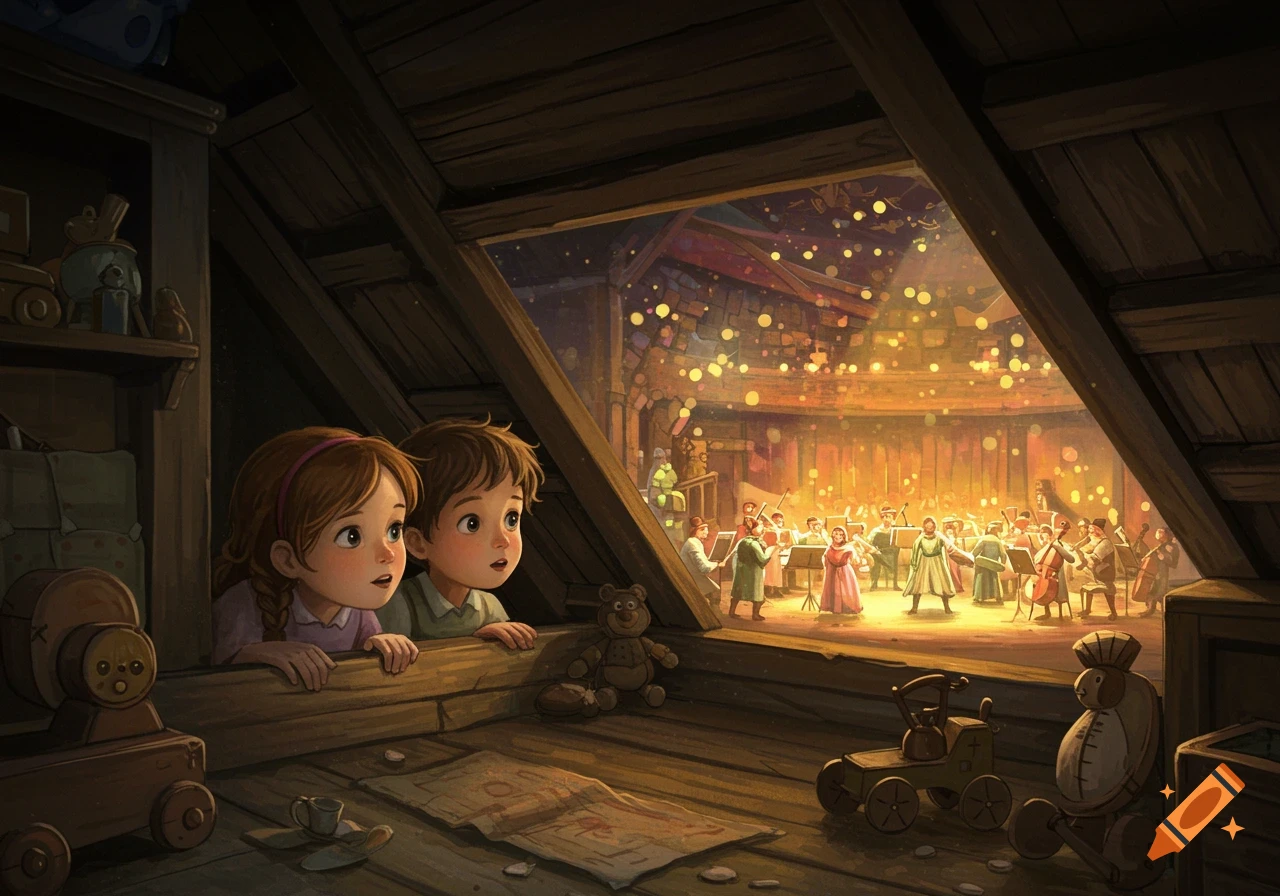 Two children look from a dark attic window at a brightly lit orchestra concert.