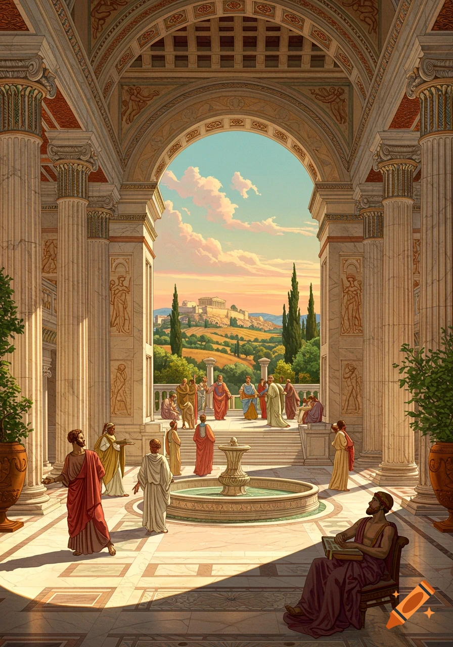 The Lyceum of Athens, with people conversing in a courtyard overlooking the city.