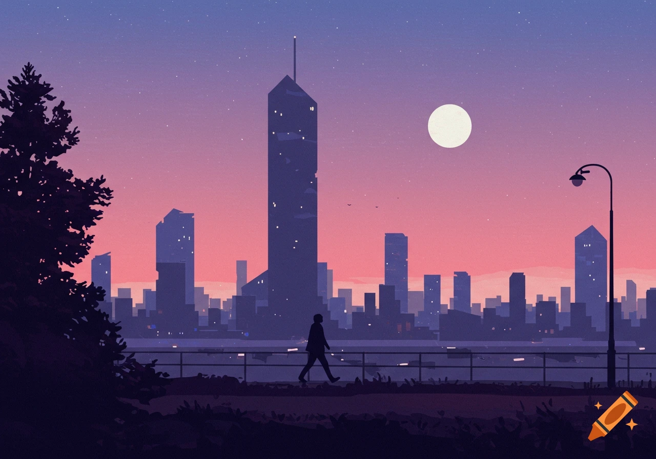 A stylized cityscape at sunset with a silhouette of a person walking along a railing.