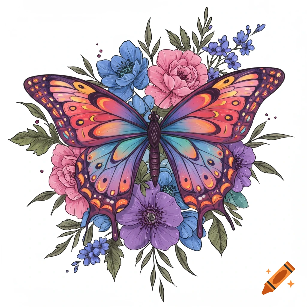 Vibrant colorful illustration of a butterfly surrounded by flowers.