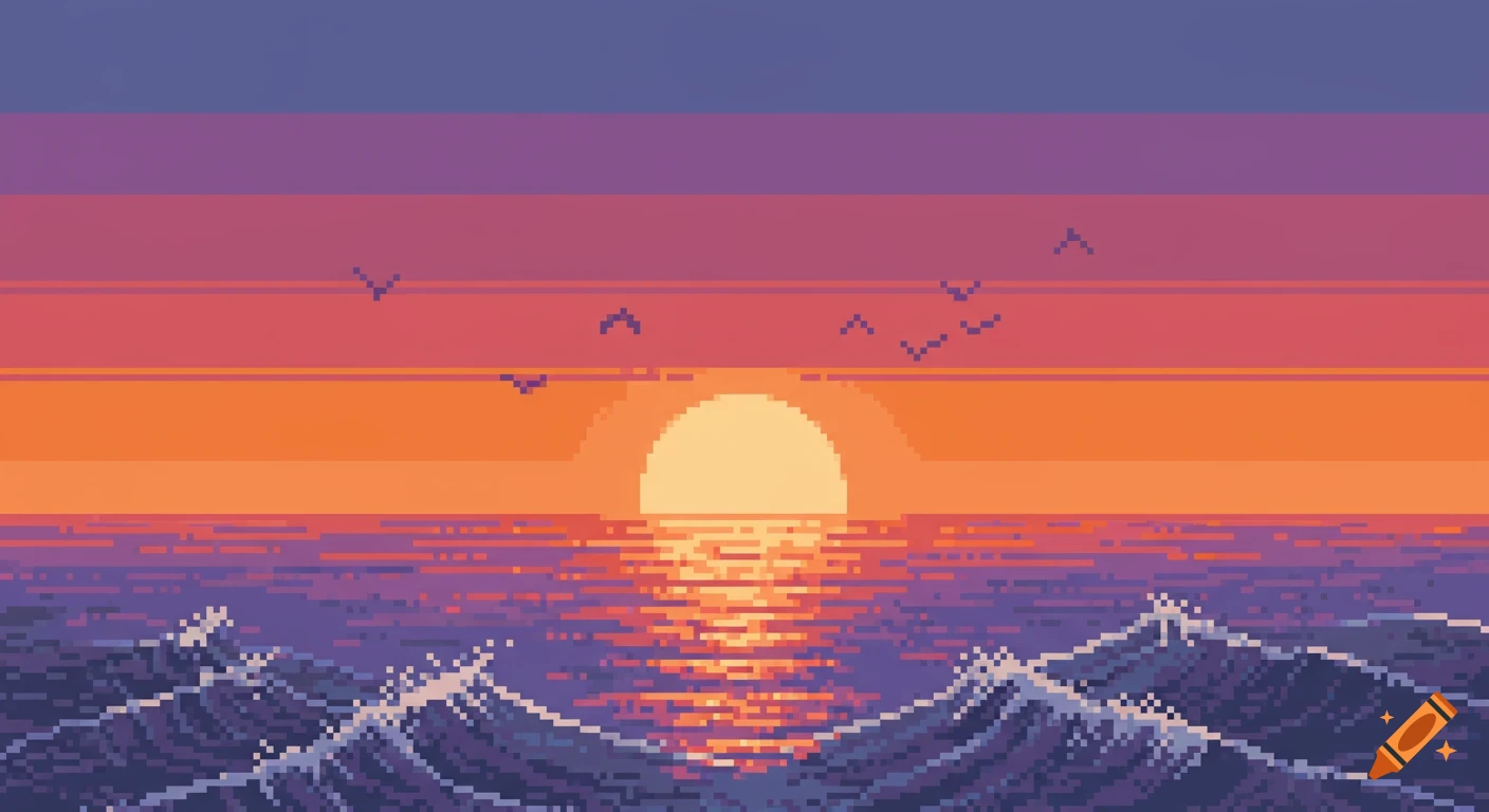 Pixel art sunset over the ocean with waves and flying birds, retro style.