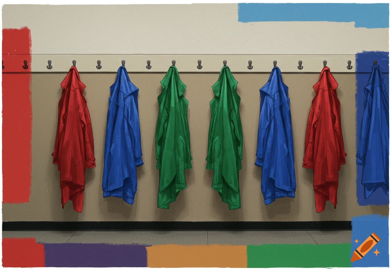 A coat rack in a school hallway is filled with colorful coats. Patches of color are scattered throughout the scene.