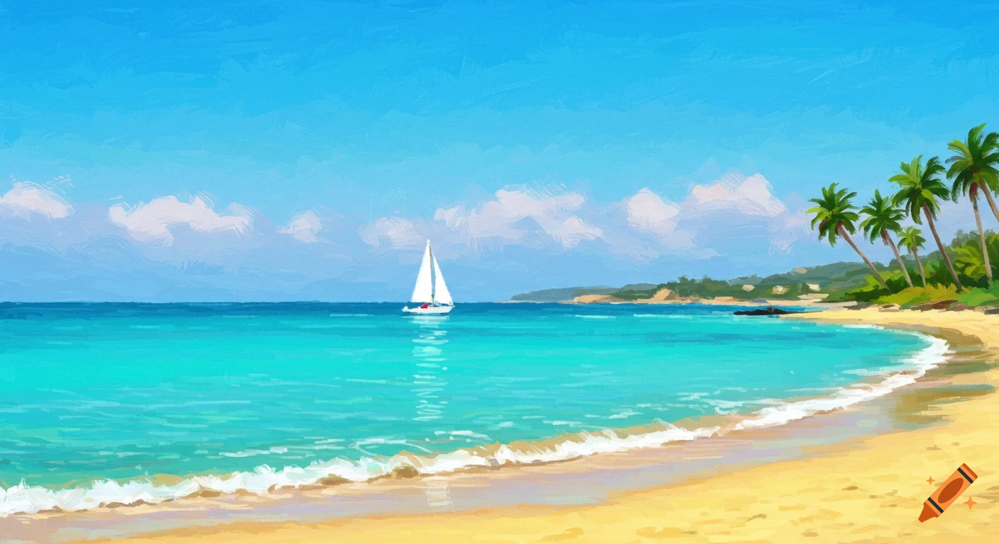 A tropical beach with turquoise water, a sailboat, palm trees, and clouds.
