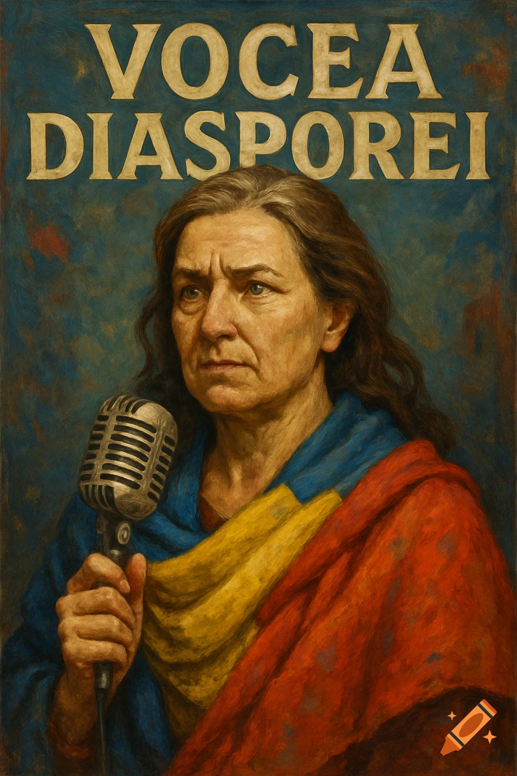 A woman holding a microphone, draped in flag colors, with 'VOCEA DIASPOREI' text above.