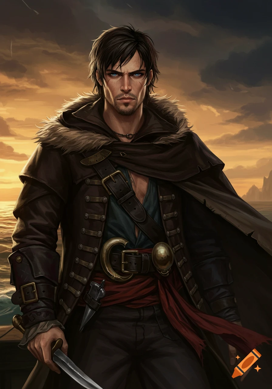 A male pirate holding a sword against a sunset ocean background.