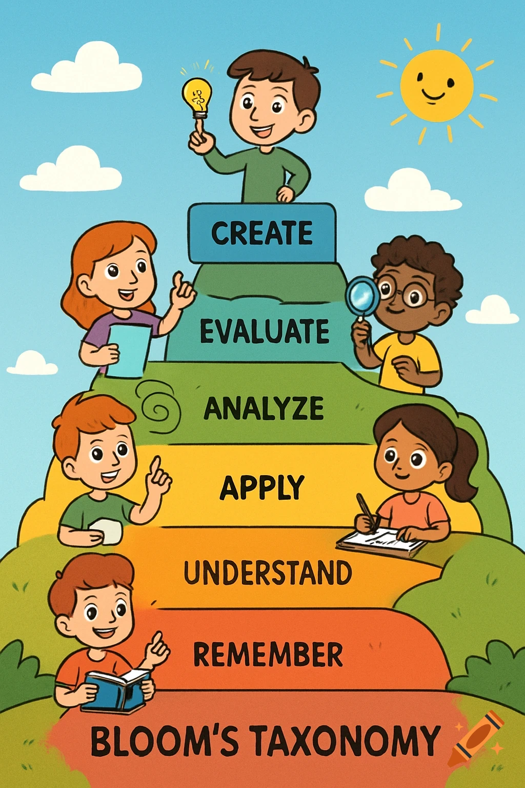 Cartoon illustrating Bloom's Taxonomy with children and text labels on different levels.