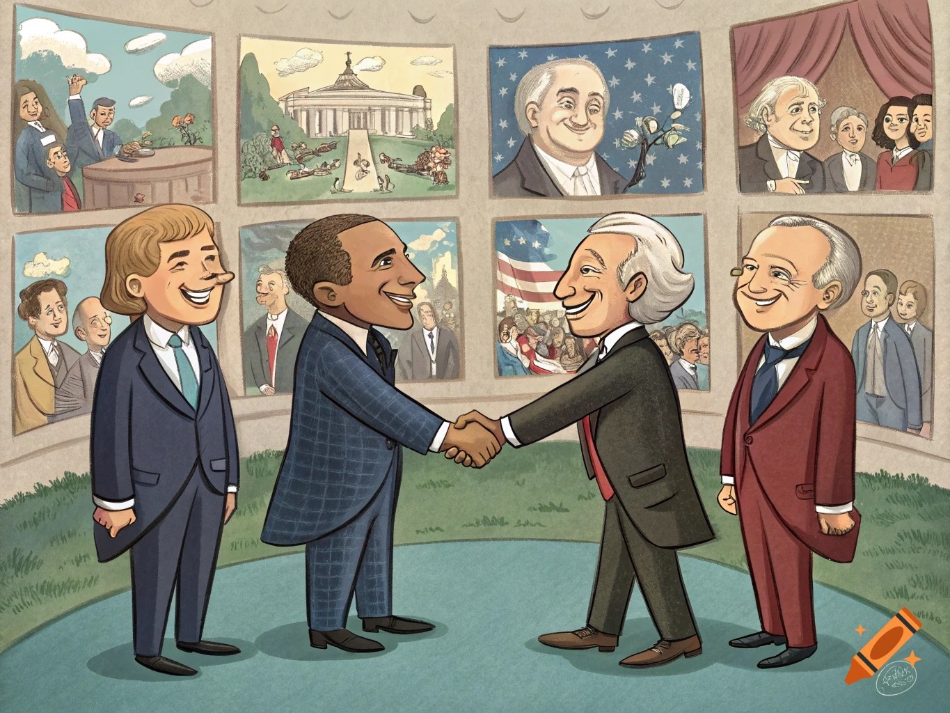 Cartoon illustration of four US presidents shaking hands in a line, with background panels depicting historical events.