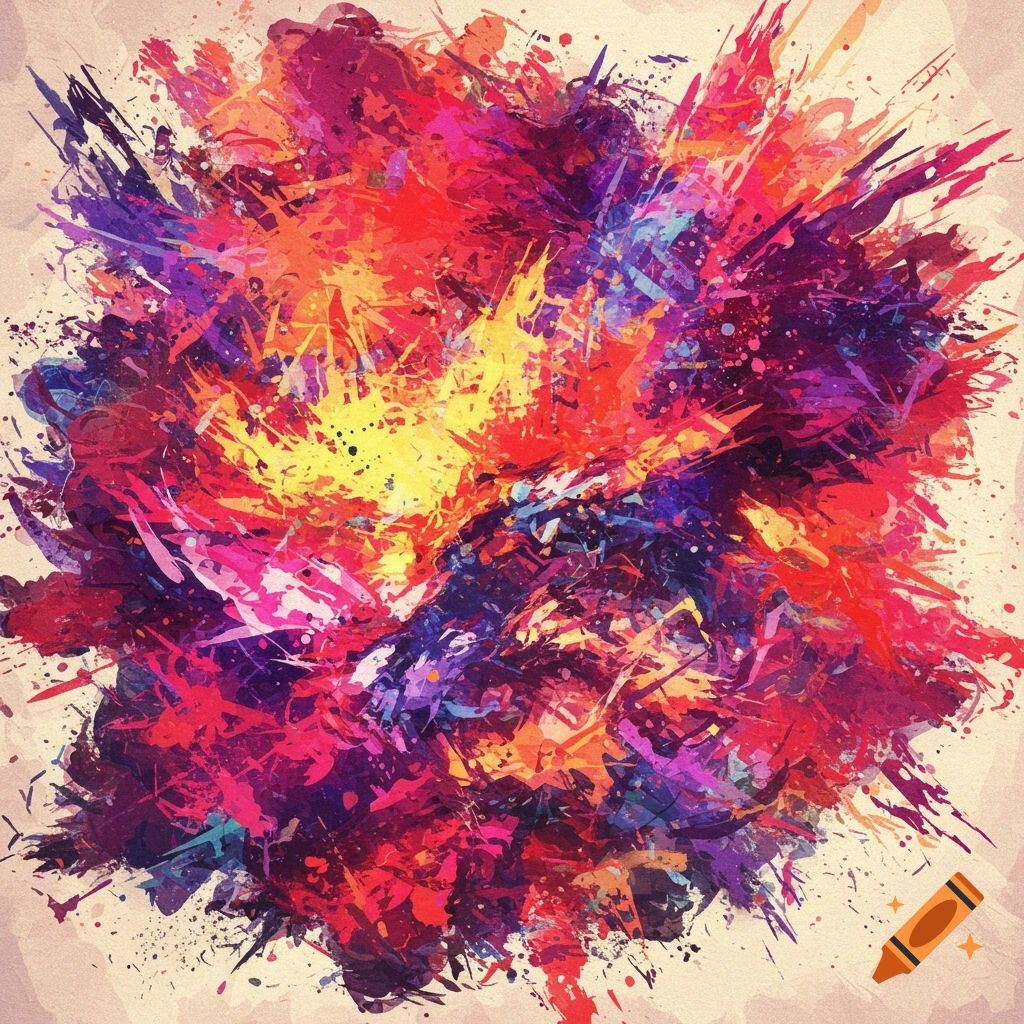 A chaotic explosion of vibrant red, purple, yellow, and pink paint splashes and drips.