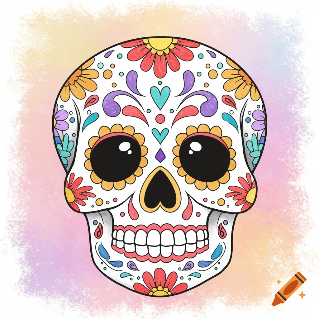 Colorful illustration of a sugar skull with flowers and patterns on a pastel background.