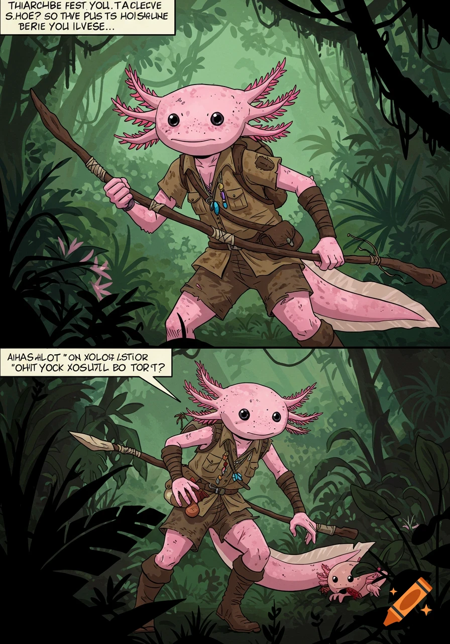 A comic book panel shows an axolotl creature in explorer gear hunting a smaller axolotl in a jungle.