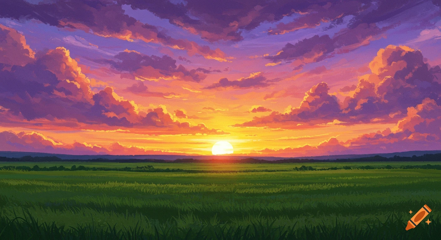 A vibrant sunset over a green field with dramatic purple and orange clouds.