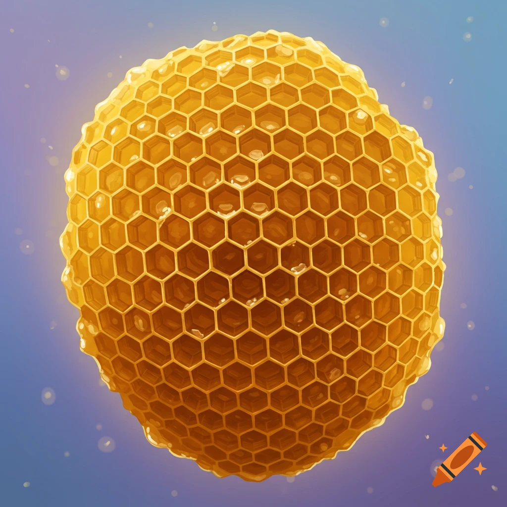 A round honeycomb dripping with honey against a blue background.